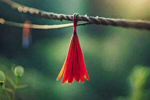 uma vermelho flor suspensão a partir de uma arame. gerado por IA foto