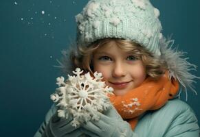 uma pequeno Garoto vestindo a laranja chapéu dentro frente do azul fundo fazer flocos de neve foto