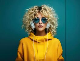 uma jovem senhora posando com fones de ouvido dentro azul fundo foto