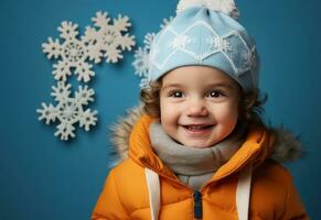 uma pequeno Garoto vestindo a laranja chapéu dentro frente do azul fundo fazer flocos de neve foto