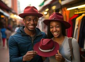 uma casal segurando mãos enquanto rindo e partilha uma chapéu ou gorro dentro inverno cidade foto