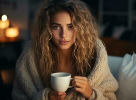 uma lindo mulher segurando café foto