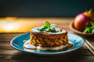 uma sobremesa em uma prato com uma colher e uma tigela do maçãs gerado por IA foto