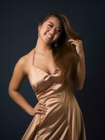 sorridente jovem mulher do ásia descida vestido dentro elegante vestir ai generativo foto