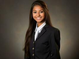 sorridente jovem mulher do ásia descida vestido dentro elegante vestir ai generativo foto