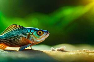 uma peixe é em pé em a areia com uma verde fundo. gerado por IA foto