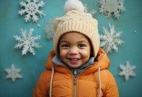 uma pequeno Garoto vestindo a laranja chapéu dentro frente do azul fundo fazer flocos de neve foto