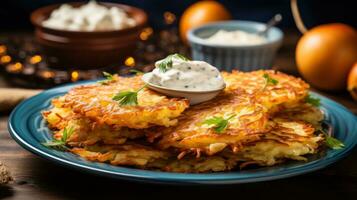 latkes com azedo creme e purê de maçã em azul prato foto