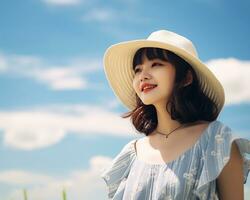 alegre ásia menina desfrutando verão ai generativo foto