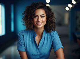 uma sorridente mulher feliz dentro a escritório, dentro a estilo do polca pontos foto