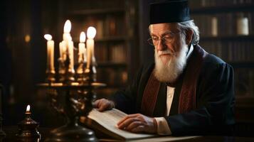 rabino lendo Torá dentro sinagoga em hanukkah foto