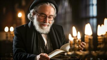 rabino lendo Torá dentro sinagoga em hanukkah foto