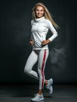 jovem europeu mulher vestido dentro roupa de esporte claramente ativo e cheio do energia ai generativo foto