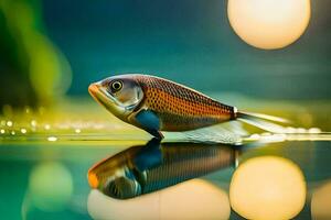 uma peixe é em pé dentro a água com uma reflexão. gerado por IA foto