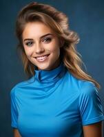 jovem europeu mulher vestido dentro roupa de esporte claramente ativo e cheio do energia ai generativo foto