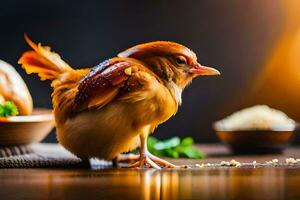 uma frango é em pé em uma mesa com Comida. gerado por IA foto