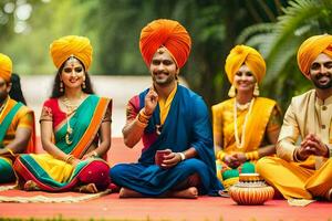 indiano Casamento cerimônia com homens e mulheres dentro colorida turbantes. gerado por IA foto