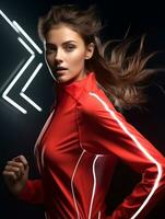 jovem europeu mulher vestido dentro roupa de esporte claramente ativo e cheio do energia ai generativo foto