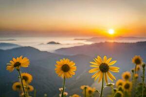 girassóis dentro a montanhas às pôr do sol. gerado por IA foto