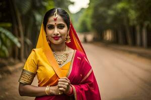 uma mulher dentro tradicional sari poses para uma foto. gerado por IA foto