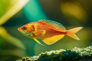 uma peixe dentro a aquário com verde plantas. gerado por IA foto