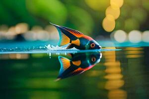 uma peixe com uma brilhante laranja e Preto corpo é flutuando em a água. gerado por IA foto