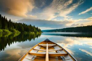 uma canoa é flutuando em a calma águas do uma lago. gerado por IA foto