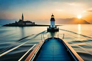 uma barco com uma farol dentro a fundo às pôr do sol. gerado por IA foto