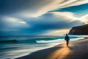 uma homem anda em ao longo a de praia às pôr do sol. gerado por IA foto