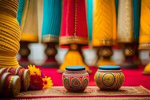 colorida panelas e vasos sentar em uma vermelho tapete. gerado por IA foto