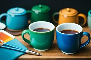 colorida copos do café em uma mesa. gerado por IA foto