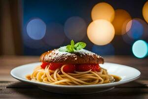 uma prato do espaguete com tomate e manjericão em uma de madeira mesa. gerado por IA foto