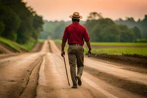 uma homem caminhando baixa uma sujeira estrada com uma bengala. gerado por IA foto