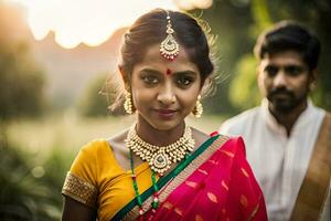 uma jovem indiano mulher dentro tradicional traje. gerado por IA foto