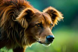 uma Castanho cachorro com grandes cabelo em pé dentro a grama. gerado por IA foto