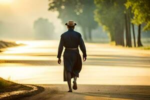 uma homem dentro uma chapéu anda em baixa uma estrada. gerado por IA foto