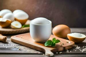 ovos e de outros ingredientes em uma de madeira corte borda. gerado por IA foto