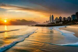 a Sol conjuntos sobre a cidade Horizonte dentro dubai. gerado por IA foto