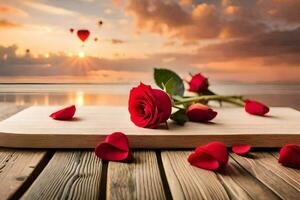 rosas em uma de madeira mesa com uma pôr do sol dentro a fundo. gerado por IA foto