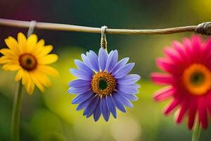 colorida flores suspensão a partir de uma varal de roupas. gerado por IA foto