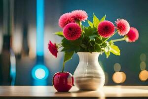 uma vaso com Rosa flores e a maçã em uma mesa. gerado por IA foto