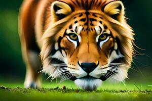 uma tigre é caminhando em a grama. gerado por IA foto