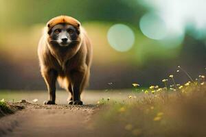 uma cachorro caminhando em uma sujeira estrada dentro a meio do uma campo. gerado por IA foto