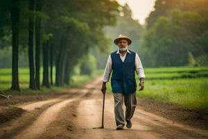 a idosos homem caminhando baixa uma sujeira estrada. gerado por IA foto