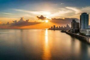 a Sol conjuntos sobre uma cidade Horizonte e água. gerado por IA foto