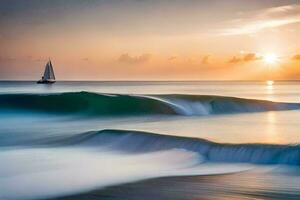 uma barco a vela Navegando dentro a oceano às pôr do sol. gerado por IA foto