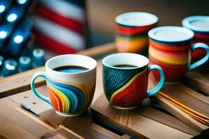 colorida café copos em uma mesa com a americano bandeira. gerado por IA foto