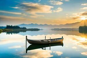 uma barco senta em a calma água às pôr do sol. gerado por IA foto