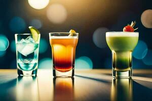 três diferente tipos do alcoólico bebidas em uma mesa. gerado por IA foto