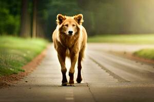 uma cachorro caminhando baixa uma estrada dentro a meio do a dia. gerado por IA foto